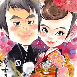 世界大会での優勝経験を持つ女性似顔絵師が描いた和装のご夫婦の似顔絵