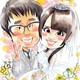 似顔絵界でも有名な女性似顔絵師が描いたタキシードとウエディングドレスのカップルの似顔絵