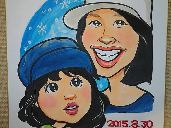親子連れの似顔絵